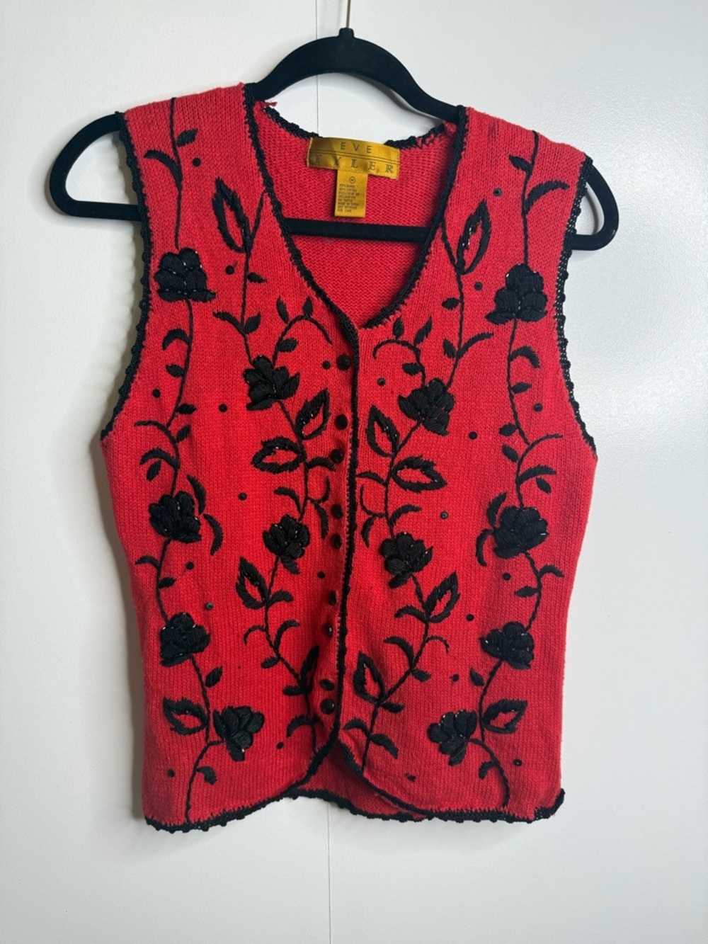 Vintage Eve Tyler Red Black Beaded Embroidered floral Button down knit vest M